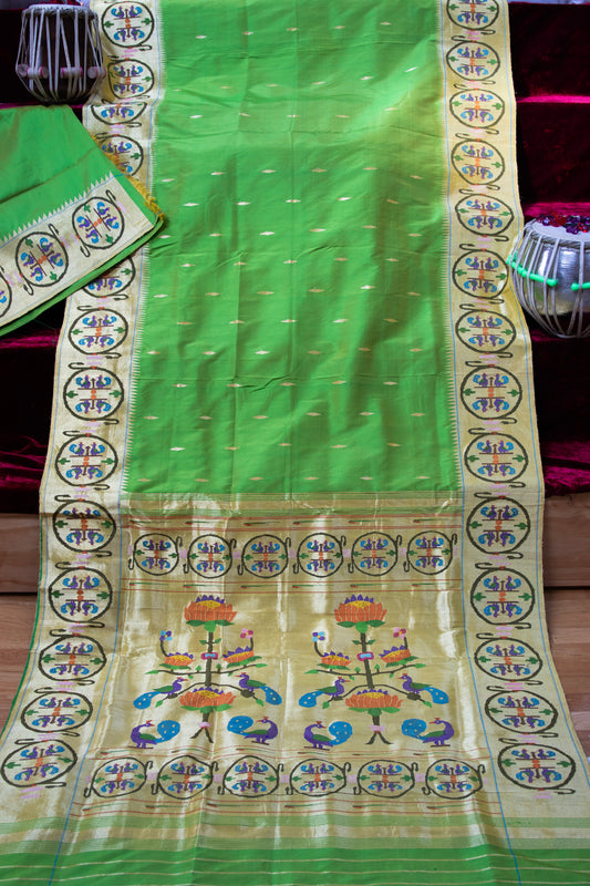 Lime Green and Gold Mor Bangdi Paithani Sari