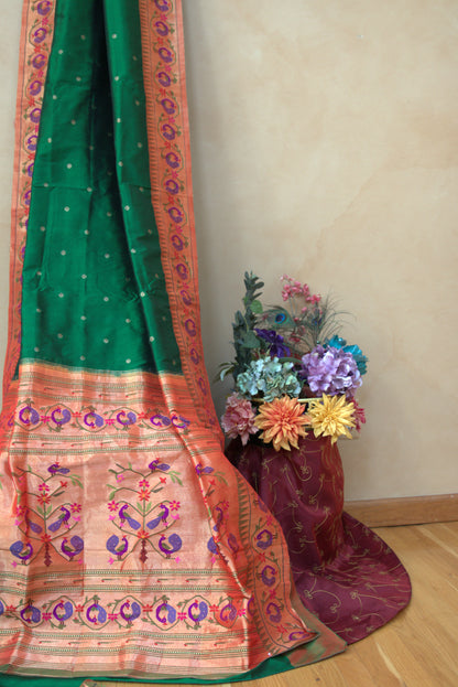 Green and Orange Floral Paithani Sari